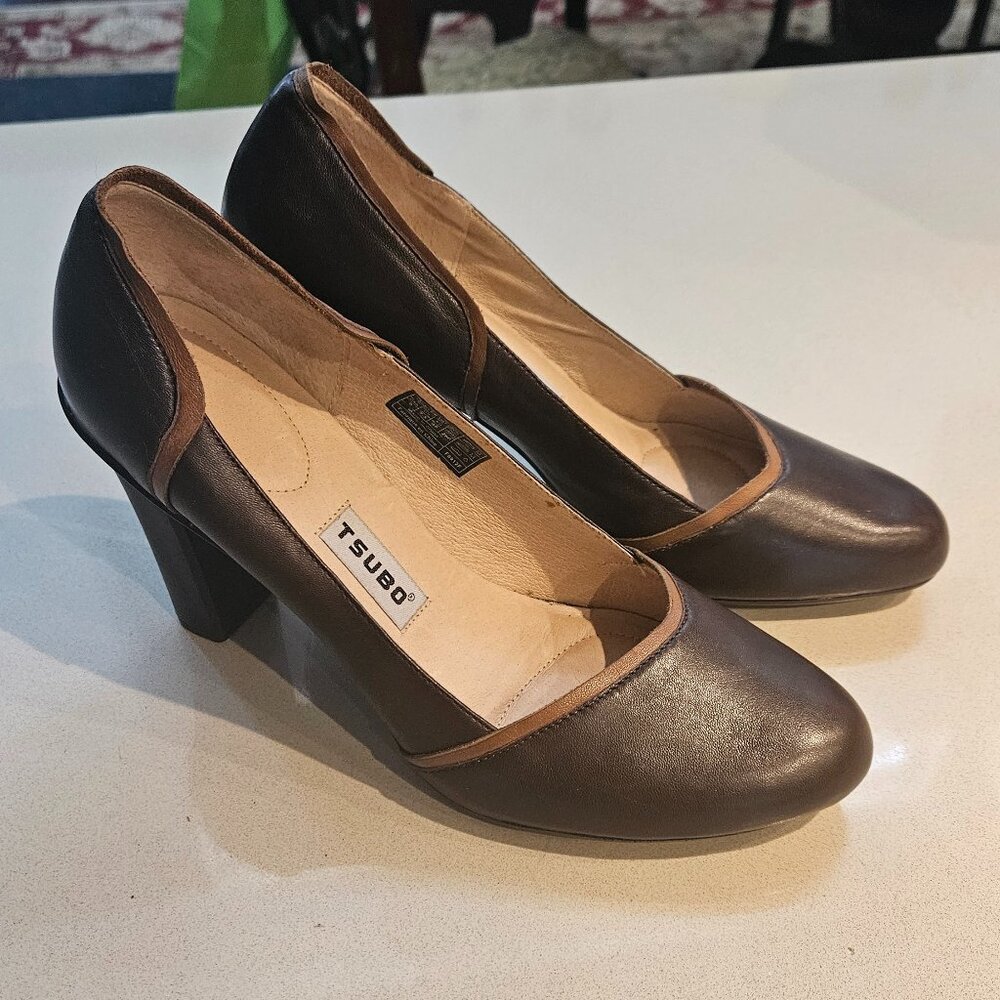 TSUBO Women's Brown Leather 4-inch Pumps with Tan Trim